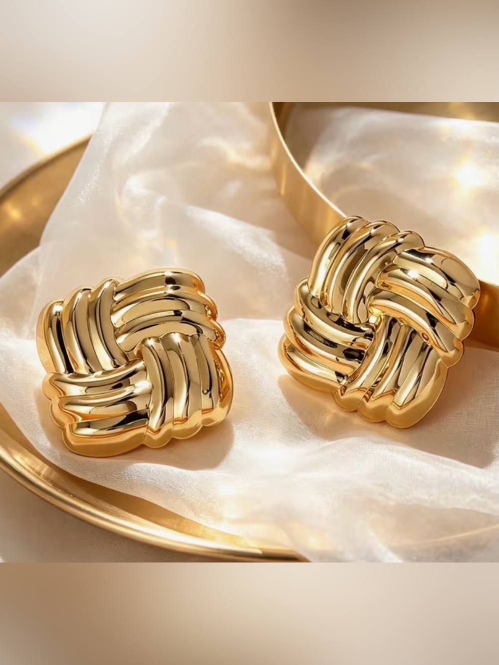 Gold Tone basket Weave Square Earrings New